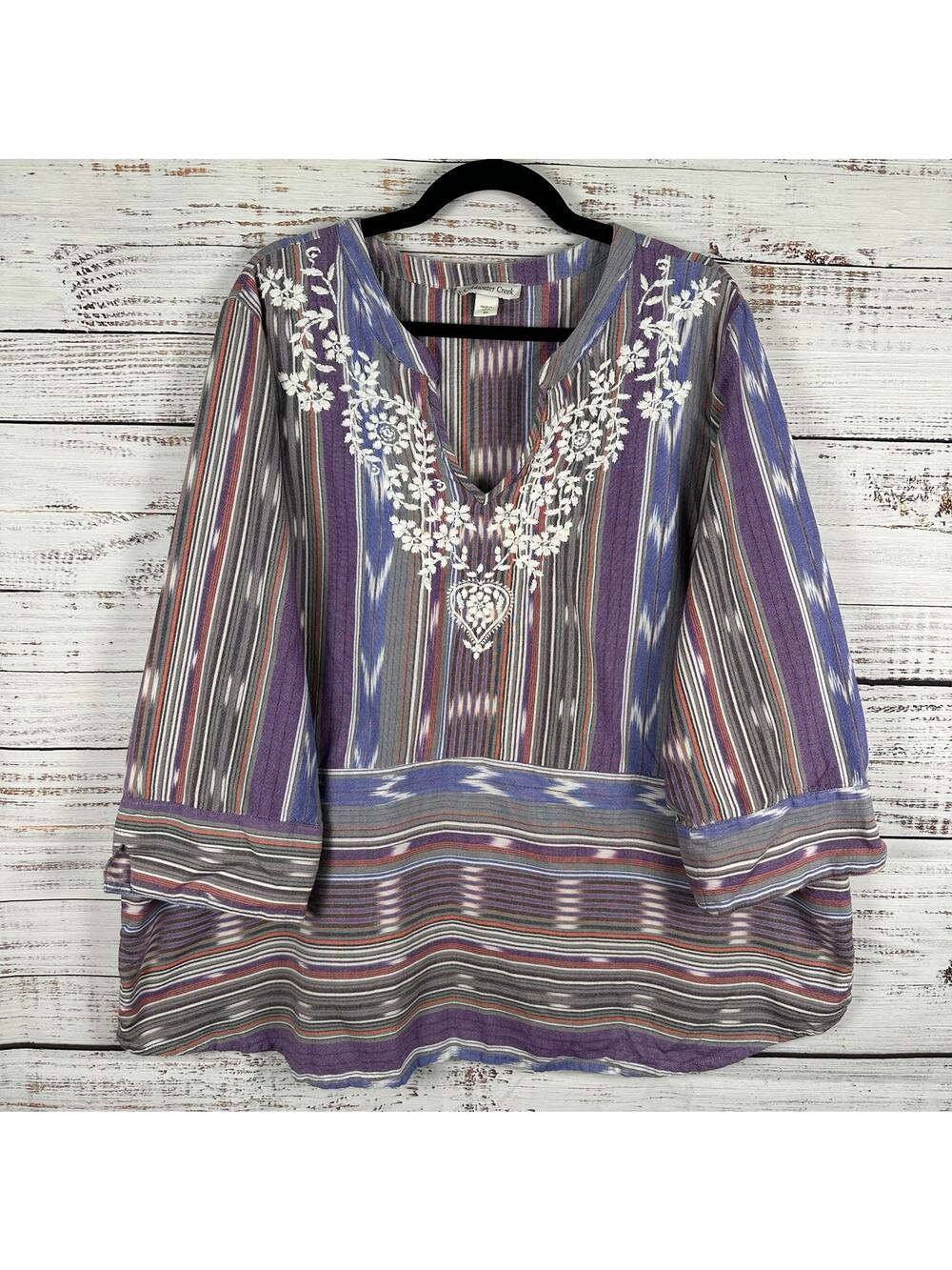 Womens Coldwater Creek Cotton Embroidered V Neck Tunic Blue Southwest Stripe 3X